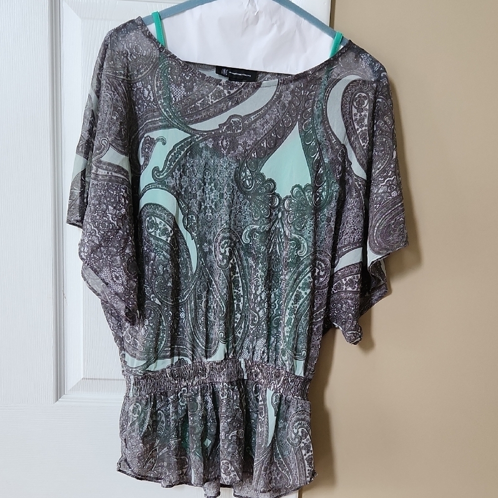 INC International Concepts Gray and Green Paisley Blouse, Soft & Flowy, Small